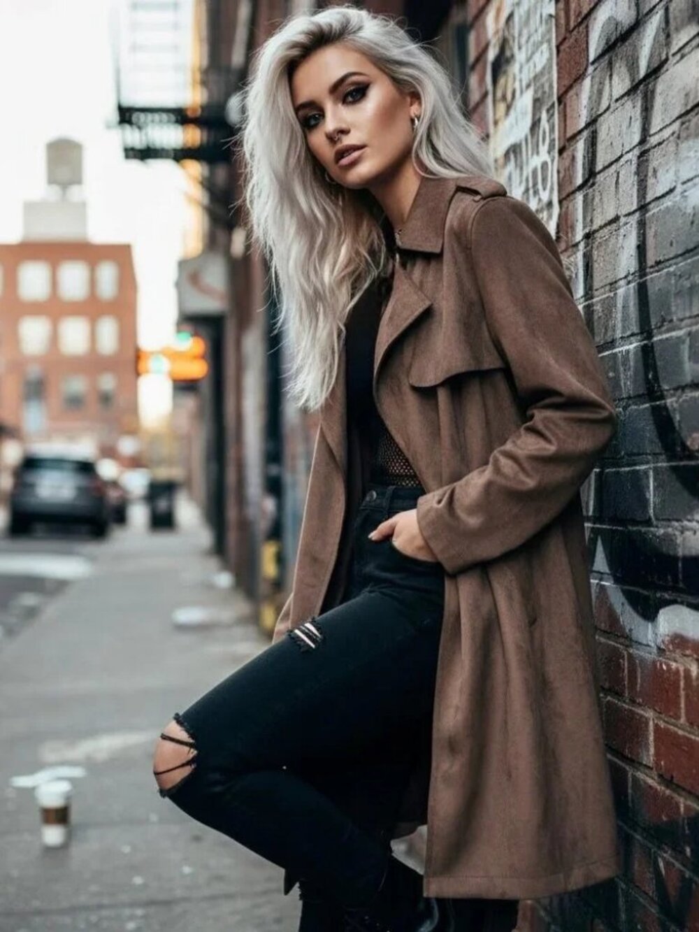 NWT Faux Suede Trench Coat Duster Jacket Brown Soft Casual Layering - Size S